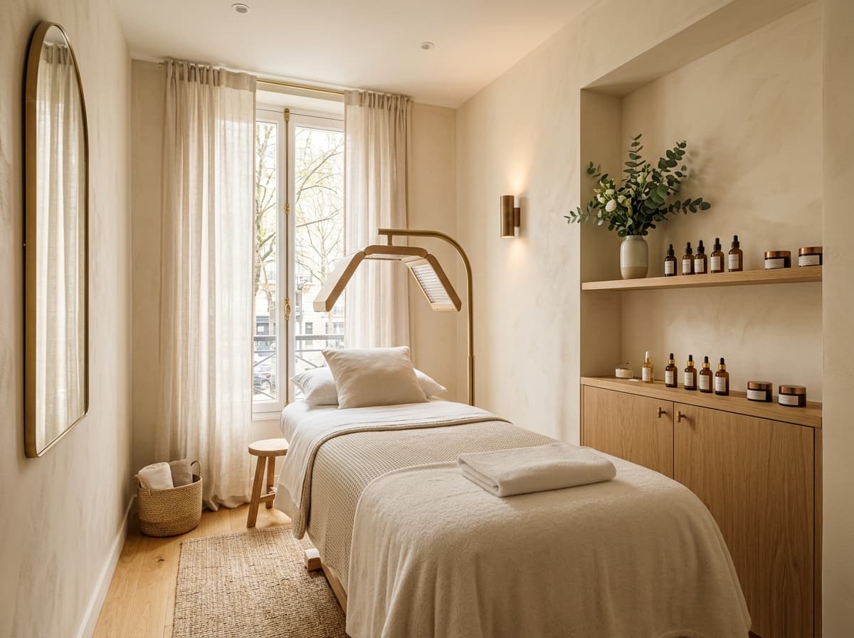 Cabine de soin de Skin Atelier Paris, équipée d’un appareil de photobiomodulation LED
